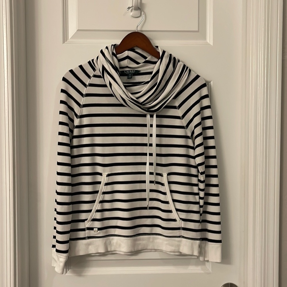 Striped pullover with cowl neck.